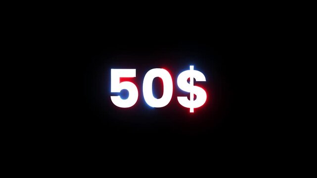 Glowing 50 dollar sign animation with red and blue neon light effect on dark background.