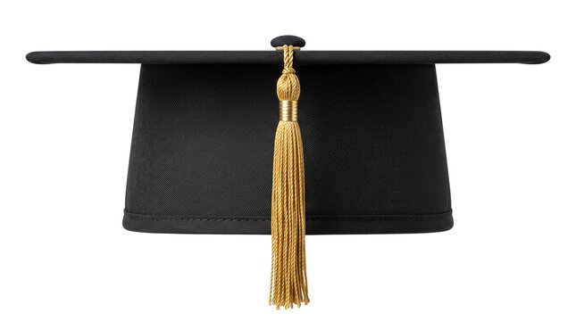 Black graduation cap with gold tassel, academic mortarboard for university commencement, graduation hat isolated on white