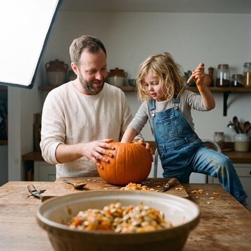 A father and his young daughter carve a fresh orange pumpkin together at a wooden kitchen table for Halloween