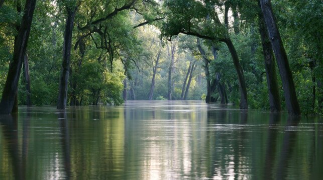 River flowing through a dense forest. the trees on either side of the river are tall and slender, with their trunks reaching up towards the sky.