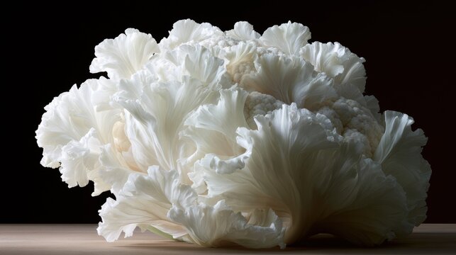 Close-up of a large, white cauliflower head on a wooden surface. the cauliflower is in the center of the image, with its head facing towards the left side of the frame.