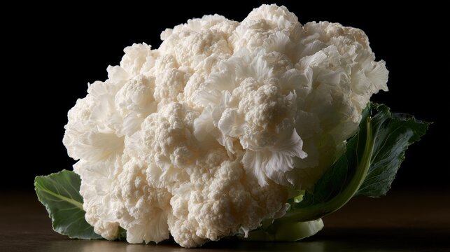 Close-up of a large head of cauliflower. the cauliflower is white and fluffy, with a few green leaves still attached. the head is placed on a dark surface, and the background is completely black.