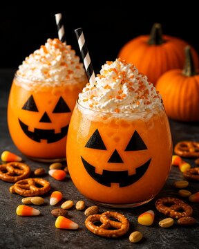 Jack-o-lantern pumpkin drinks topped with whipped cream and Halloween snacks