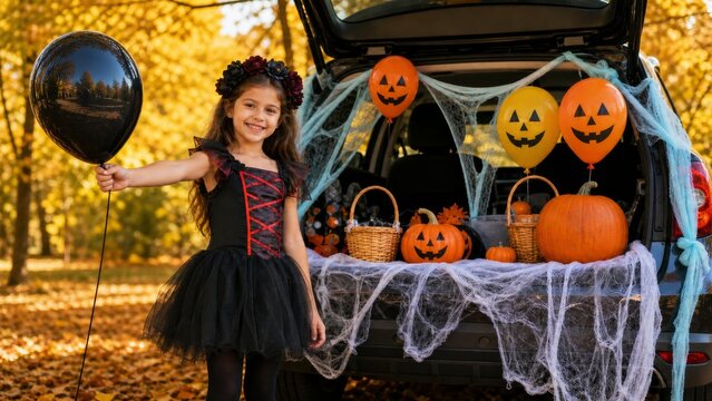 Girl in Halloween costume beside a decorated car trunk with pumpkins and balloons