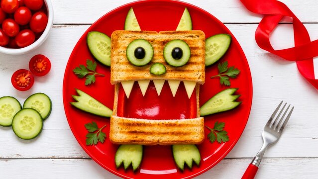 Monster toast plate with cucumber eyes, vegetable ears and cheese fangs for kids