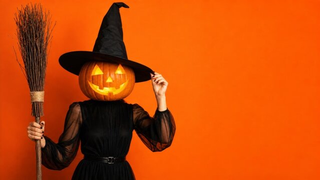 Woman in witch costume with glowing jack-o-lantern head holding a broom