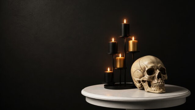 Skull and black candles on white pedestal against dark background with copy space