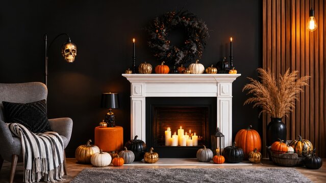 Dark modern fireplace decorated with pumpkins, candles and black Halloween wreath