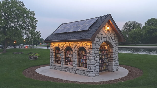Charming stone little free library with solar panels on roof, illuminated at dusk in a park setting.