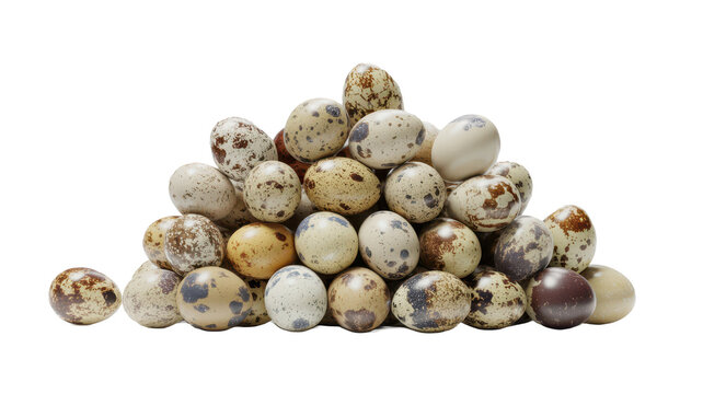 A large pile of speckled quail eggs with various brown and black spots, arranged in a heap on a clean white background, for food display