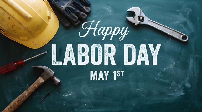 Happy labor day may 1st greeting card with construction tools and safety equipment on a dark background