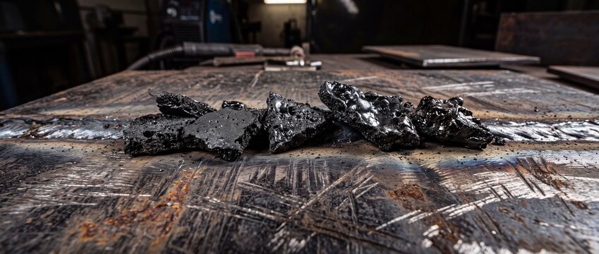 Obsidian like black slag chunks rest on welded metal plate in workshop environment representing industrial byproduct and metal fabrication.