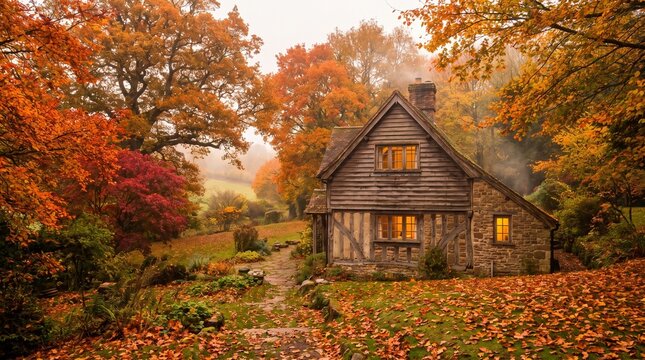 Rustic wooden cottage nestled within a vibrant autumn forest surrounded by glowing fallen orange leaves landscape