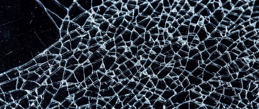 Shattered tempered glass fragments on black background showcase crystalline patterns for safety glass and insurance claim illustrations.