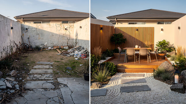 before and after backyard transformation showcasing landscape renovation and aesthetic outdoor design improvements