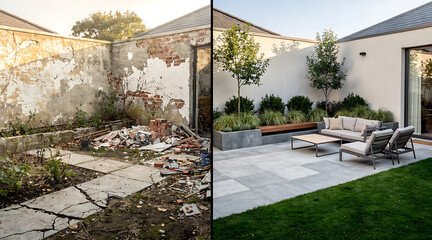 Naklejka premium Transformation of an overgrown neglected yard into a modern elegant outdoor living space with stylish furniture and lush greenery