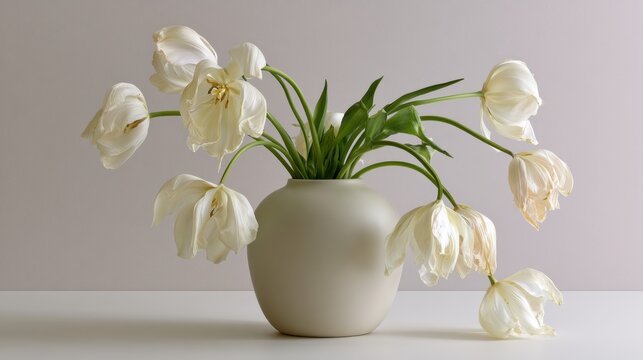 Vase with a bunch of white tulips in it. the vase is made of a light-colored material and is placed on a white surface.