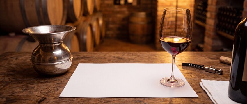 Red wine glass and silver tasting spittoon on rustic wooden table in cellar basement surrounded by aging oak barrels for sommelier review.