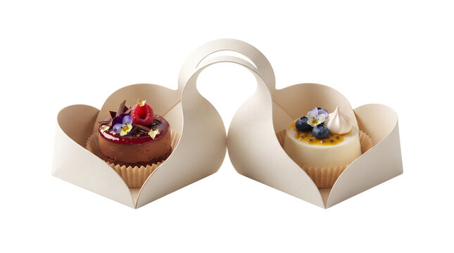 Elegant gourmet cupcakes in heart-shaped paper carrier, luxury mini desserts with berries, artisan pastry packaging on white background