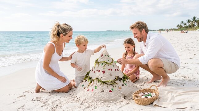 Parents and children decorate a sandcastle shaped like a Christmas tree with seashells and petals on a sunny tropical beach.
