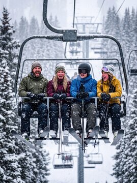 Four cheerful friends ride a chairlift through falling snow, laughing together with skis and snowboards ready for the slopes.