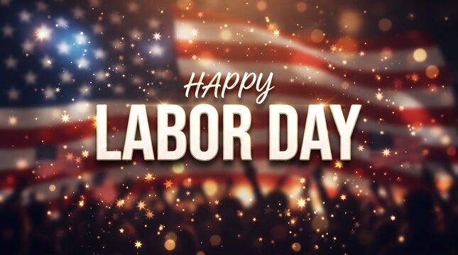 Happy labor day celebration with blurred crowd and patriotic american flag background
