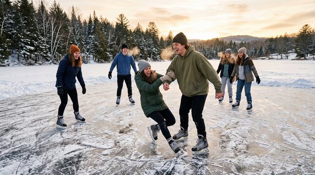 Group of friends in winter hats laugh and hold hands while ice skating together on a frozen lake at sunset.