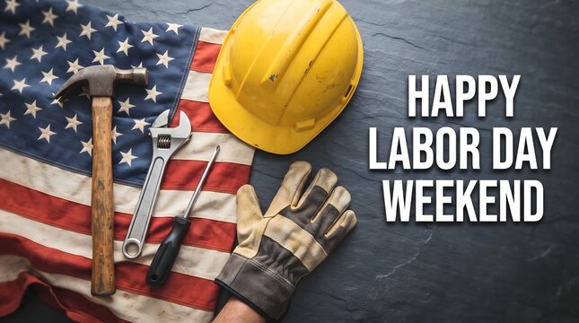 Labor day weekend celebration with american flag tools and protective headwear