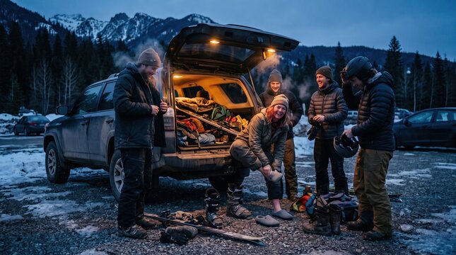 Group of friends laugh while changing boots and loading ski gear into a car trunk in front of snowy mountains at dusk.