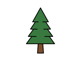Fototapeta premium Simple stylized green pine tree icon with brown trunk on white background