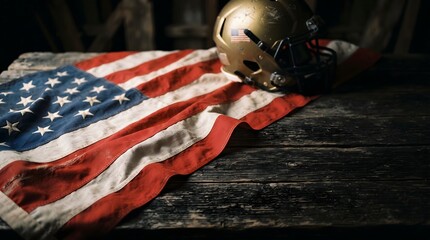 Fototapeta premium American flag draped over a military helmet representing sacrifice and remembrance