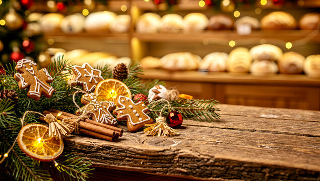 Traditional iced gingerbread cookies with cinnamon sticks and dried orange slices arranged on a rustic wooden bakery counter with festive bakery bokeh