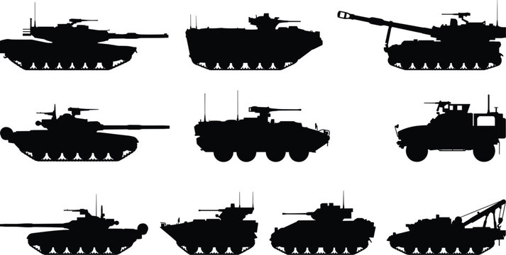 Military vehicles silhouette vector icon set featuring main battle tanks armored personnel carriers and artillery