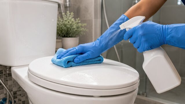 Individual sanitizing restroom with cleaning solution and cloth highlighting the significance of maintaining cleanliness in contemporary bathrooms for promoting health and overall wellness