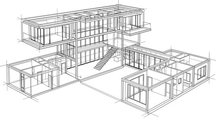 Fototapeta premium Modern House Wireframe Architectural Framework with Structural Engineering and Interior Layout Illustration