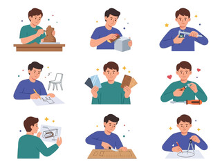 Fototapeta premium Young craftsman and designer character working on various projects