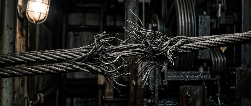 Severed thick steel cable strands frayed and snapping under tension within dark mechanical environment depicting structural failure risks