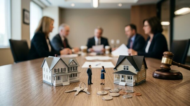 A symbolic representation of real estate negotiations with miniature houses figurines and coins on a table capturing the essence of business discussions in a professional office setting.
