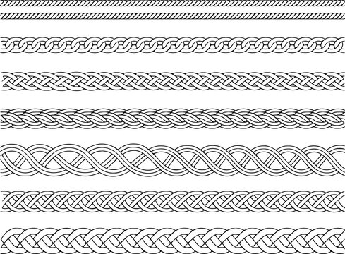 A collection of various decorative rope and braided border patterns isolated on a clean white background