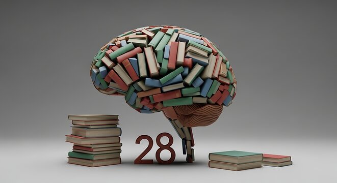A detailed 3D render displays a brain shape formed by colorful stacked books, with a stack of books on the left and the number 28 in bold font in the center