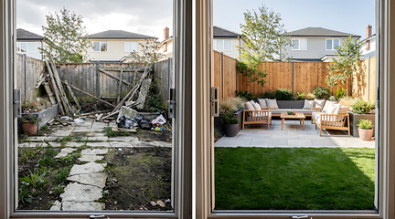 Fototapeta premium Transformation of a neglected backyard into a modern outdoor living space with lush grass and stylish furniture