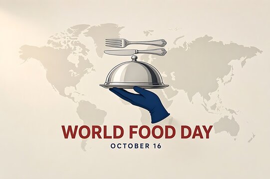 World Food Day greeting banner with silver cloche serving platter over world map background