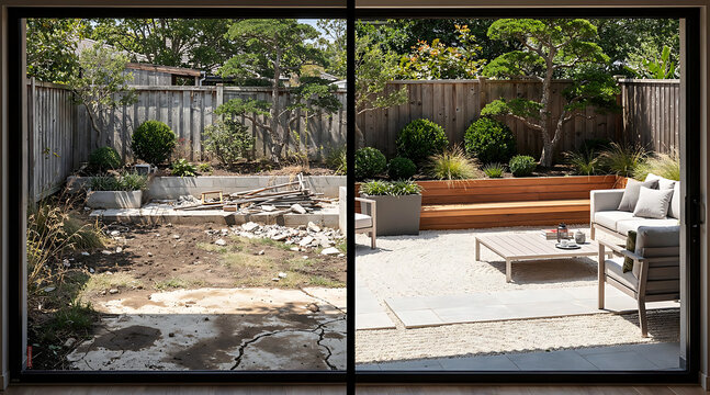 Transformation of a neglected backyard into a modern outdoor living space with stylish furniture and lush greenery