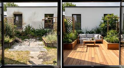 Fototapeta premium Transformative backyard renovation showcasing before and after patio makeover with lush greenery and modern outdoor furniture