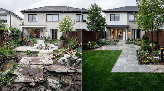 Transformation of Residential Backyard from Construction Site to Elegant Garden Sanctuary