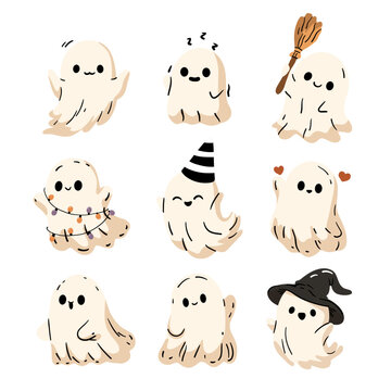 Cute Halloween ghost characters set, hand-drawn illustration with witch hat, broom, lights and hearts