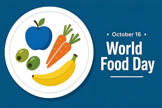 World Food Day poster with a healthy food plate featuring apple banana carrots and olives