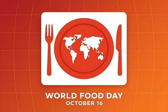 World Food Day conceptual banner with world map shape on a dinner plate with cutlery