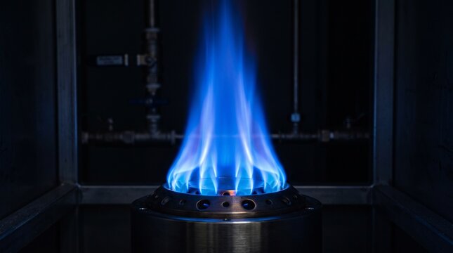 Intense blue gas flame ignites from a metal burner within a dark, industrial setting