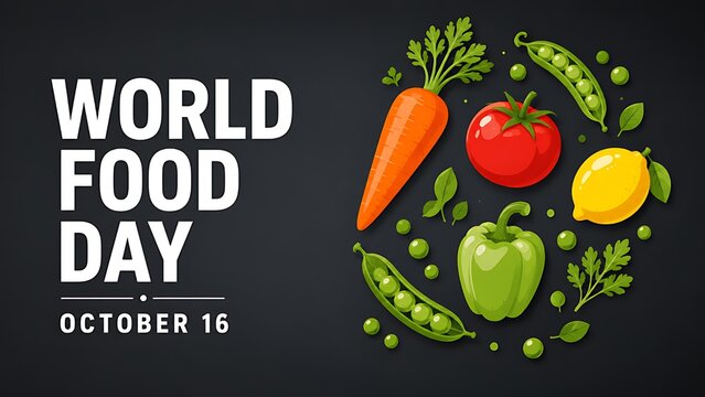 World Food Day background with fresh organic vegetables on dark chalkboard texture